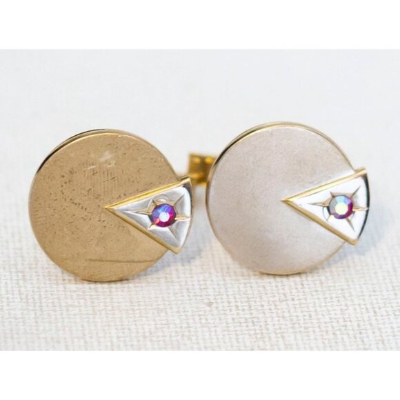 Vintage Minimalist Circular Gold Tone Elegant Rhinestone Cuff Links - K1 - Picture 2 of 3